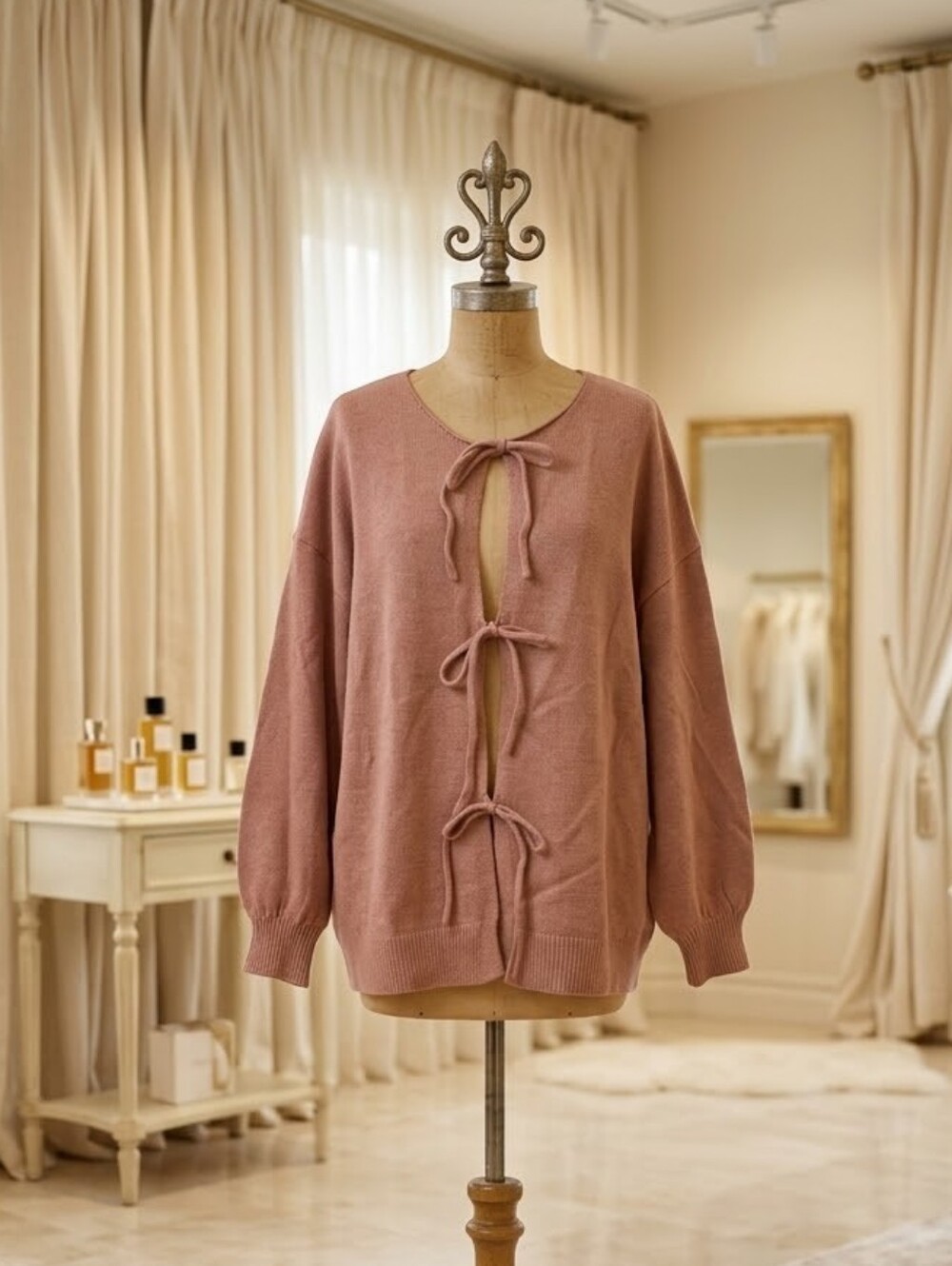 Shein 4XL Muted Pink Tie Front Bubble Sleeve Blouse